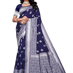 AXONIT Women's Premium Banarasi Silk Saree with Silver Zari Butti Weaving with Silver Zari Floral Motifs Border with Unstitched Blouse Piece - Navy Blue