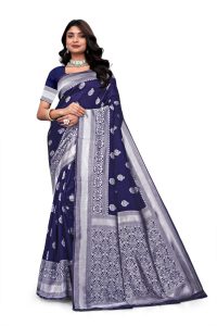 AXONIT Women's Premium Banarasi Silk Saree with Silver Zari Butti Weaving with Silver Zari Floral Motifs Border with Unstitched Blouse Piece - Navy Blue