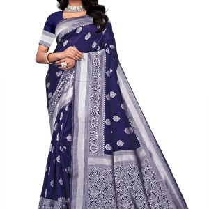 AXONIT Women's Premium Banarasi Silk Saree with Silver Zari Butti Weaving with Silver Zari Floral Motifs Border with Unstitched Blouse Piece - Navy Blue
