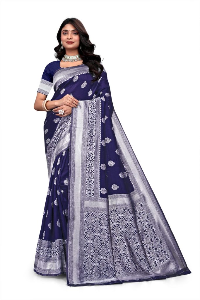 AXONIT Women's Premium Banarasi Silk Saree with Silver Zari Butti Weaving with Silver Zari Floral Motifs Border with Unstitched Blouse Piece - Navy Blue