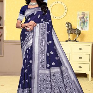 AXONIT Women's Premium Banarasi Silk Saree with Silver Zari Butti Weaving with Silver Zari Floral Motifs Border with Unstitched Blouse Piece - Navy Blue