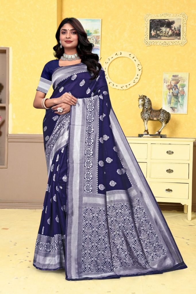 AXONIT Women's Premium Banarasi Silk Saree with Silver Zari Butti Weaving with Silver Zari Floral Motifs Border with Unstitched Blouse Piece - Navy Blue