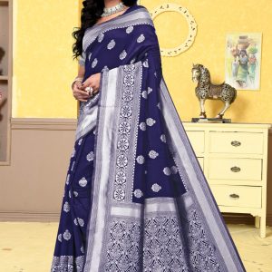 AXONIT Women's Premium Banarasi Silk Saree with Silver Zari Butti Weaving with Silver Zari Floral Motifs Border with Unstitched Blouse Piece - Navy Blue