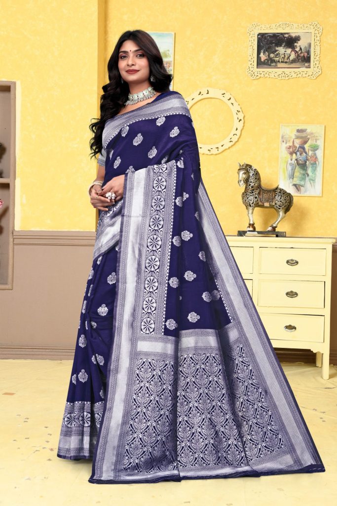 AXONIT Women's Premium Banarasi Silk Saree with Silver Zari Butti Weaving with Silver Zari Floral Motifs Border with Unstitched Blouse Piece - Navy Blue