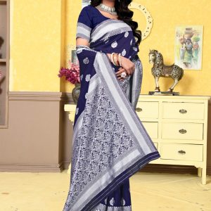 AXONIT Women's Premium Banarasi Silk Saree with Silver Zari Butti Weaving with Silver Zari Floral Motifs Border with Unstitched Blouse Piece - Navy Blue
