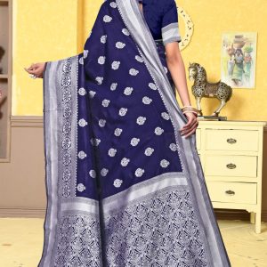 AXONIT Women's Premium Banarasi Silk Saree with Silver Zari Butti Weaving with Silver Zari Floral Motifs Border with Unstitched Blouse Piece - Navy Blue