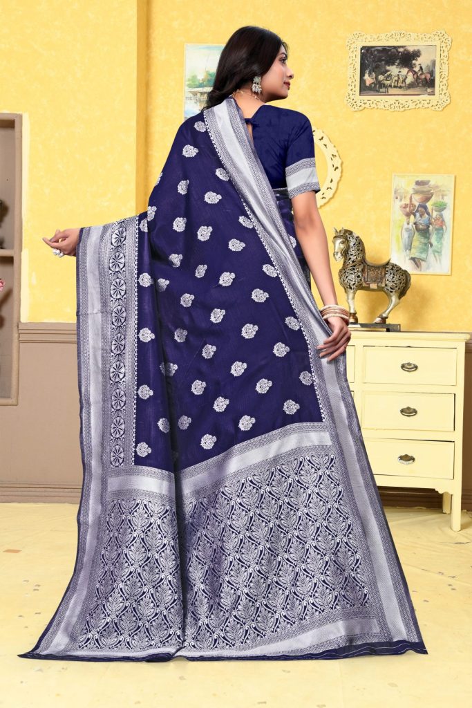 AXONIT Women's Premium Banarasi Silk Saree with Silver Zari Butti Weaving with Silver Zari Floral Motifs Border with Unstitched Blouse Piece - Navy Blue
