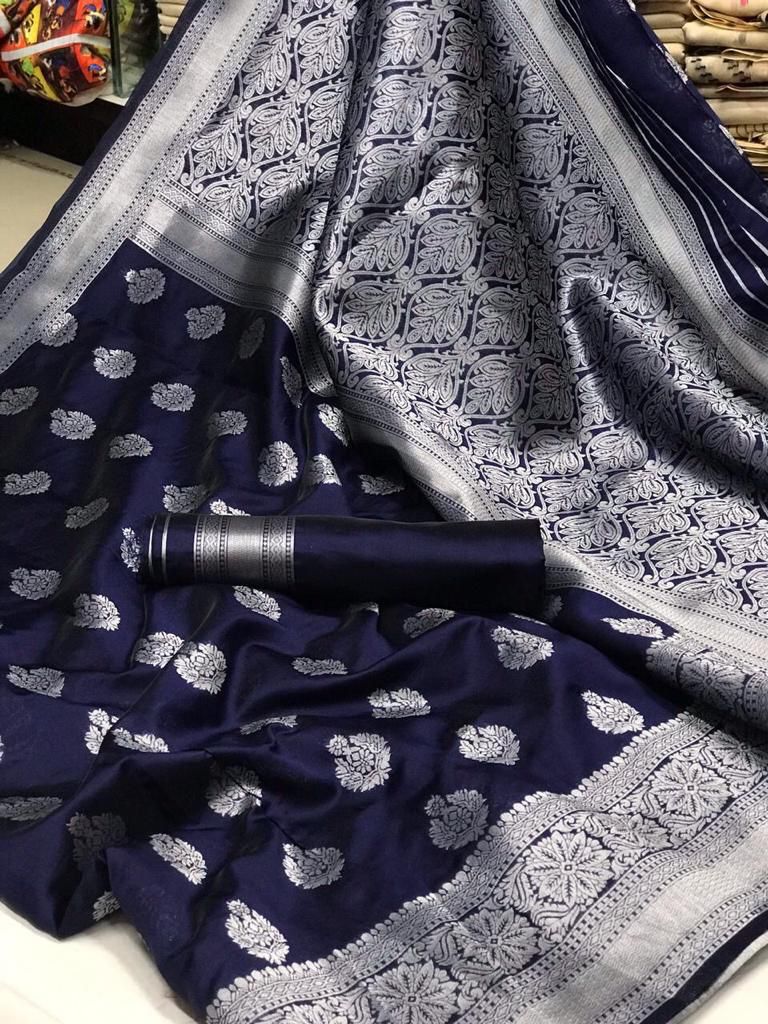 AXONIT Women's Premium Banarasi Silk Saree with Silver Zari Butti Weaving with Silver Zari Floral Motifs Border with Unstitched Blouse Piece - Navy Blue