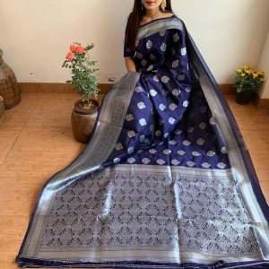 AXONIT Women's Premium Banarasi Silk Saree with Silver Zari Butti Weaving with Silver Zari Floral Motifs Border with Unstitched Blouse Piece - Navy Blue