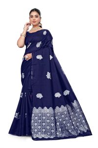 AXONIT Women's Premium Banarasi Silk Saree with Silver Paisley & Floral Patterns Weaving with Silver Zari Border with Unstitched Blouse Piece - Navy Blue