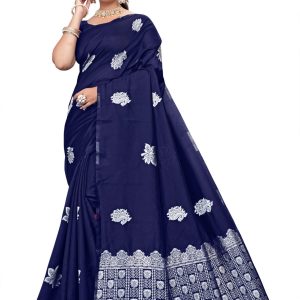 AXONIT Women’s Premium Banarasi Silk Saree with Silver Paisley & Floral Patterns Weaving with Silver Zari Border with Unstitched Blouse Piece – Navy Blue