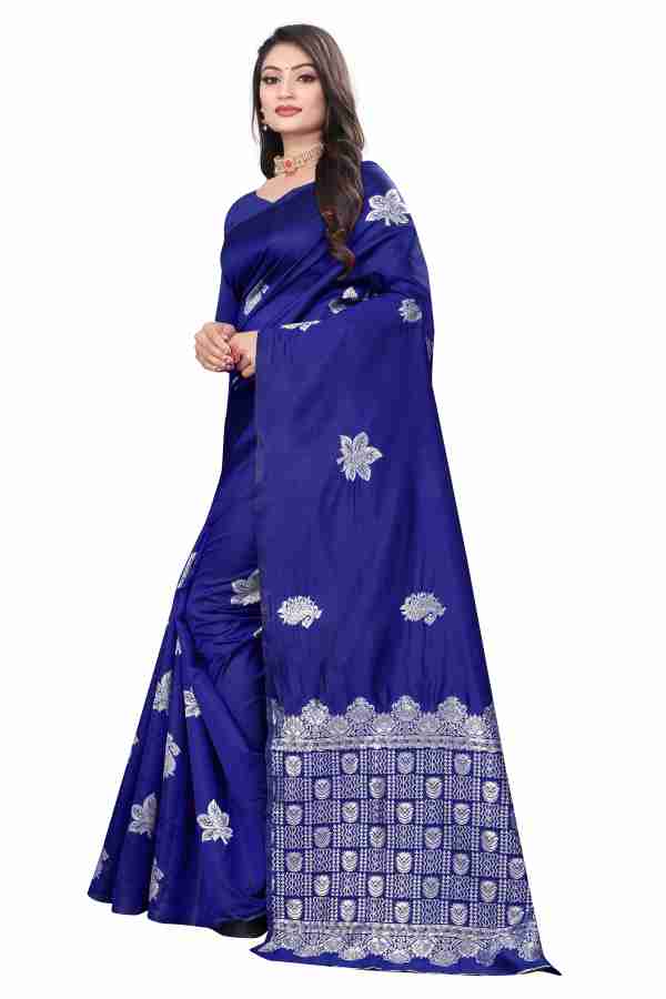 AXONIT Women's Premium Banarasi Silk Saree with Silver Paisley & Floral Patterns Weaving with Silver Zari Border with Unstitched Blouse Piece - Navy Blue