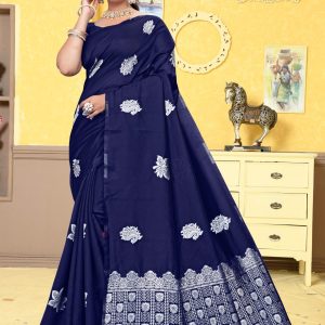 AXONIT Women's Premium Banarasi Silk Saree with Silver Paisley & Floral Patterns Weaving with Silver Zari Border with Unstitched Blouse Piece - Navy Blue