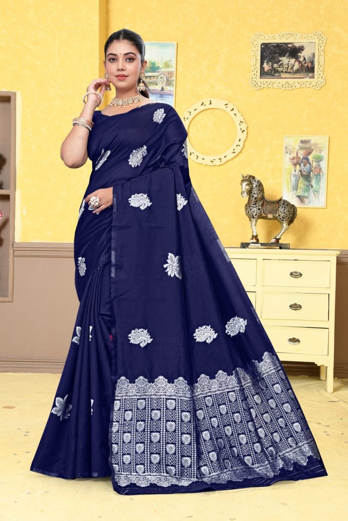 AXONIT Women's Premium Banarasi Silk Saree with Silver Paisley & Floral Patterns Weaving with Silver Zari Border with Unstitched Blouse Piece - Navy Blue
