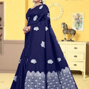 AXONIT Women's Premium Banarasi Silk Saree with Silver Paisley & Floral Patterns Weaving with Silver Zari Border with Unstitched Blouse Piece - Navy Blue