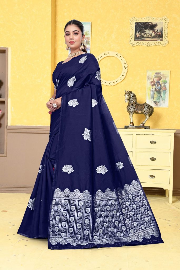 AXONIT Women's Premium Banarasi Silk Saree with Silver Paisley & Floral Patterns Weaving with Silver Zari Border with Unstitched Blouse Piece - Navy Blue