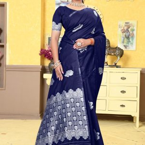 AXONIT Women's Premium Banarasi Silk Saree with Silver Paisley & Floral Patterns Weaving with Silver Zari Border with Unstitched Blouse Piece - Navy Blue