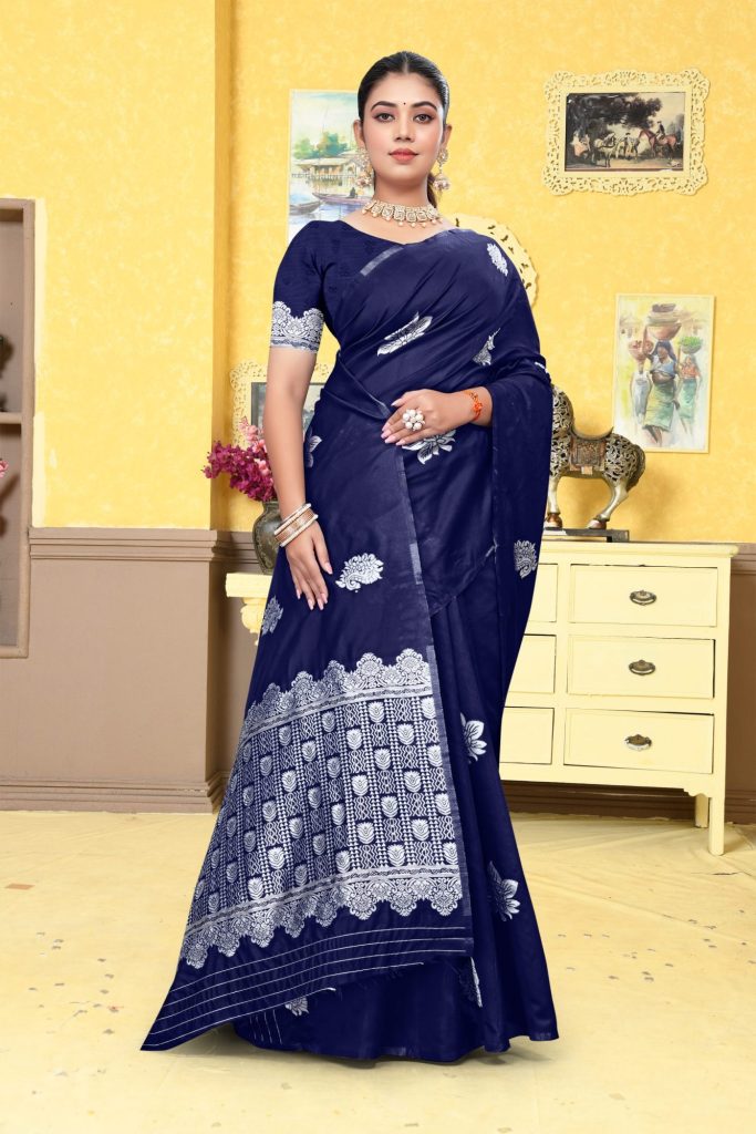 AXONIT Women's Premium Banarasi Silk Saree with Silver Paisley & Floral Patterns Weaving with Silver Zari Border with Unstitched Blouse Piece - Navy Blue
