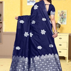 AXONIT Women's Premium Banarasi Silk Saree with Silver Paisley & Floral Patterns Weaving with Silver Zari Border with Unstitched Blouse Piece - Navy Blue