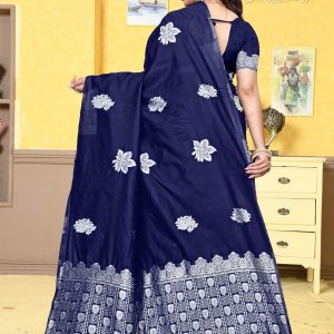 AXONIT Women's Premium Banarasi Silk Saree with Silver Paisley & Floral Patterns Weaving with Silver Zari Border with Unstitched Blouse Piece - Navy Blue