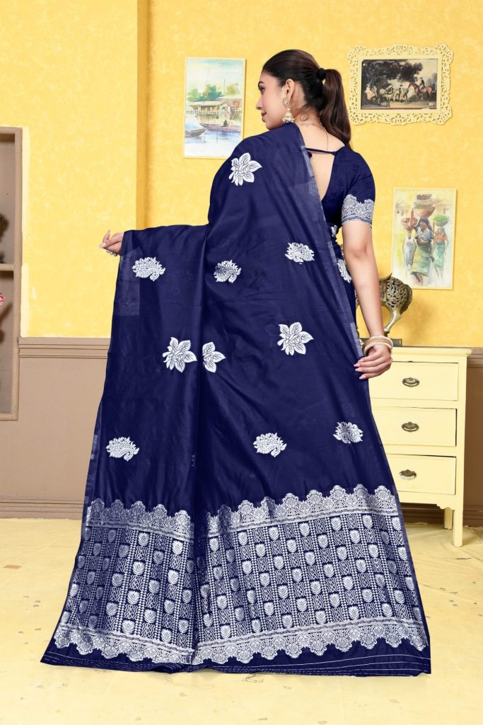 AXONIT Women's Premium Banarasi Silk Saree with Silver Paisley & Floral Patterns Weaving with Silver Zari Border with Unstitched Blouse Piece - Navy Blue