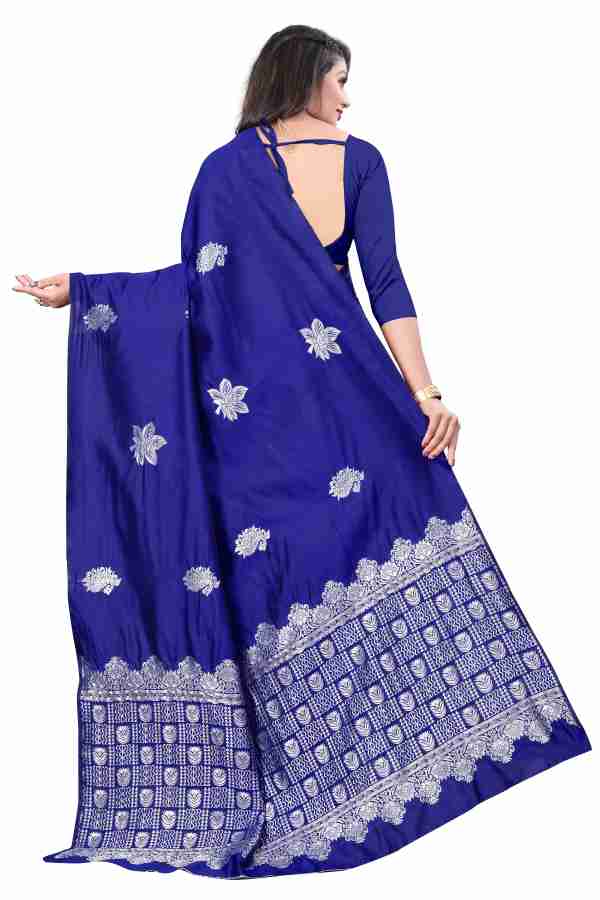 AXONIT Women's Premium Banarasi Silk Saree with Silver Paisley & Floral Patterns Weaving with Silver Zari Border with Unstitched Blouse Piece - Navy Blue
