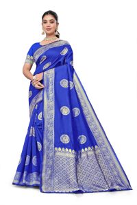 AXONIT Women's Premium Banarasi Silk Saree with Silver Zari Circular Butti Motifs with Silver Zari Border with Unstitched Blouse Piece - Navy Blue