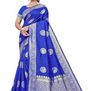 AXONIT Women's Premium Banarasi Silk Saree with Silver Zari Circular Butti Motifs with Silver Zari Border with Unstitched Blouse Piece - Navy Blue