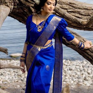 AXONIT Women's Premium Banarasi Silk Saree with Silver Zari Circular Butti Motifs with Silver Zari Border with Unstitched Blouse Piece - Navy Blue