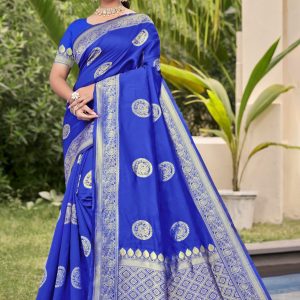 AXONIT Women's Premium Banarasi Silk Saree with Silver Zari Circular Butti Motifs with Silver Zari Border with Unstitched Blouse Piece - Navy Blue