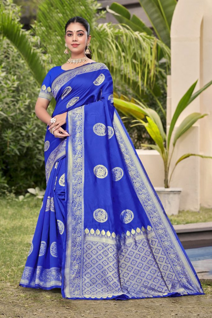 AXONIT Women's Premium Banarasi Silk Saree with Silver Zari Circular Butti Motifs with Silver Zari Border with Unstitched Blouse Piece - Navy Blue