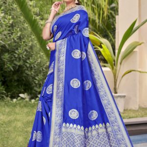 AXONIT Women's Premium Banarasi Silk Saree with Silver Zari Circular Butti Motifs with Silver Zari Border with Unstitched Blouse Piece - Navy Blue