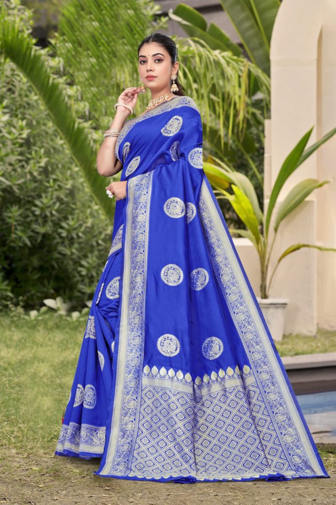 AXONIT Women's Premium Banarasi Silk Saree with Silver Zari Circular Butti Motifs with Silver Zari Border with Unstitched Blouse Piece - Navy Blue