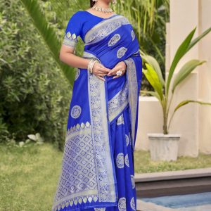 AXONIT Women's Premium Banarasi Silk Saree with Silver Zari Circular Butti Motifs with Silver Zari Border with Unstitched Blouse Piece - Navy Blue
