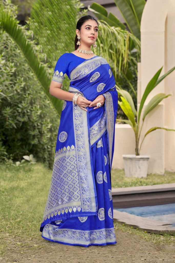 AXONIT Women's Premium Banarasi Silk Saree with Silver Zari Circular Butti Motifs with Silver Zari Border with Unstitched Blouse Piece - Navy Blue