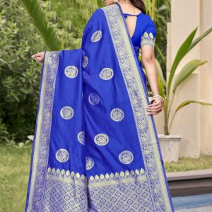 AXONIT Women's Premium Banarasi Silk Saree with Silver Zari Circular Butti Motifs with Silver Zari Border with Unstitched Blouse Piece - Navy Blue