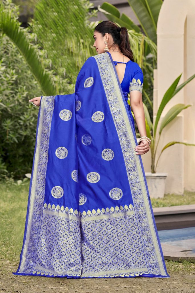 AXONIT Women's Premium Banarasi Silk Saree with Silver Zari Circular Butti Motifs with Silver Zari Border with Unstitched Blouse Piece - Navy Blue