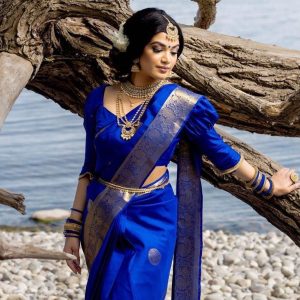 AXONIT Women's Premium Banarasi Silk Saree with Silver Zari Circular Butti Motifs with Silver Zari Border with Unstitched Blouse Piece - Navy Blue