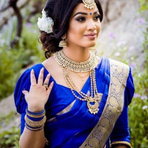 AXONIT Women's Premium Banarasi Silk Saree with Silver Zari Circular Butti Motifs with Silver Zari Border with Unstitched Blouse Piece - Navy Blue