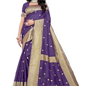 AXONIT Women's Premium Cotton Saree with Golden Zari Butti Weaving with Golden Zari Border with Unstitched Blouse Piece - Plum