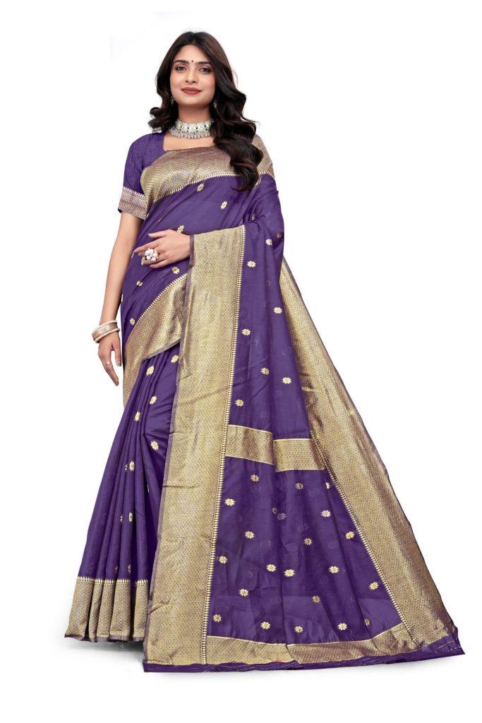 AXONIT Women's Premium Cotton Saree with Golden Zari Butti Weaving with Golden Zari Border with Unstitched Blouse Piece - Plum