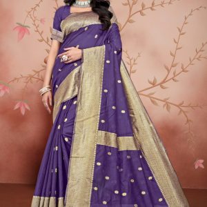 AXONIT Women's Premium Cotton Saree with Golden Zari Butti Weaving with Golden Zari Border with Unstitched Blouse Piece - Plum