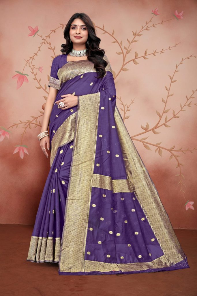 AXONIT Women's Premium Cotton Saree with Golden Zari Butti Weaving with Golden Zari Border with Unstitched Blouse Piece - Plum