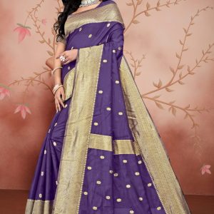 AXONIT Women's Premium Cotton Saree with Golden Zari Butti Weaving with Golden Zari Border with Unstitched Blouse Piece - Plum