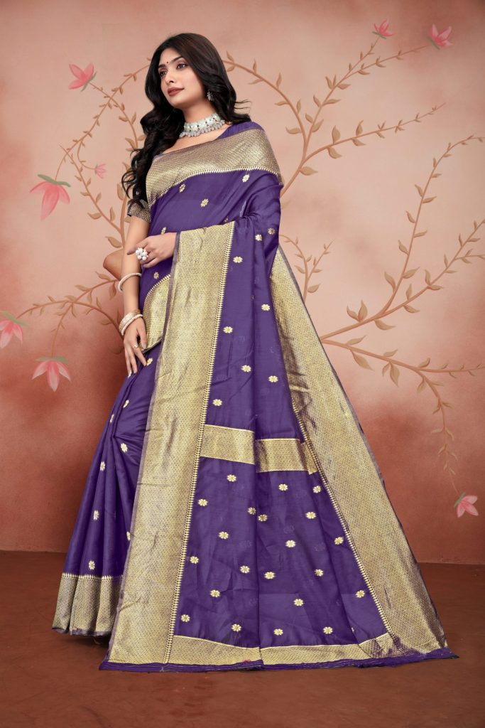 AXONIT Women's Premium Cotton Saree with Golden Zari Butti Weaving with Golden Zari Border with Unstitched Blouse Piece - Plum