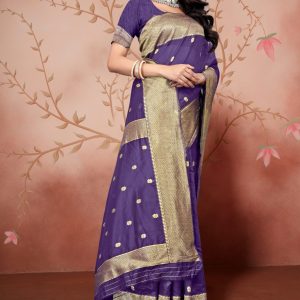 AXONIT Women's Premium Cotton Saree with Golden Zari Butti Weaving with Golden Zari Border with Unstitched Blouse Piece - Plum