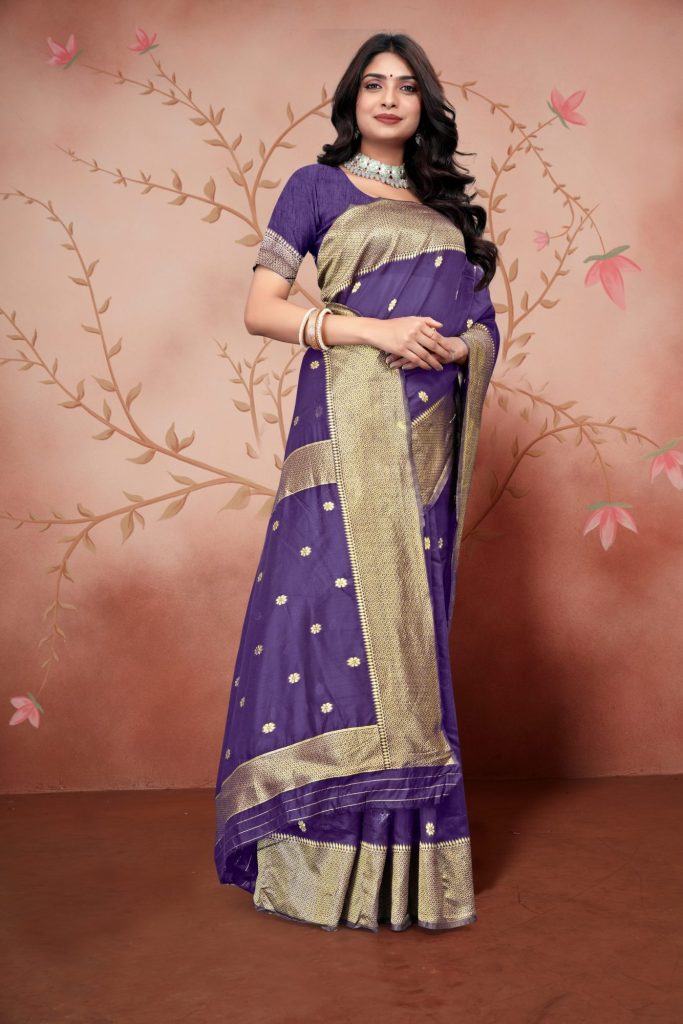 AXONIT Women's Premium Cotton Saree with Golden Zari Butti Weaving with Golden Zari Border with Unstitched Blouse Piece - Plum