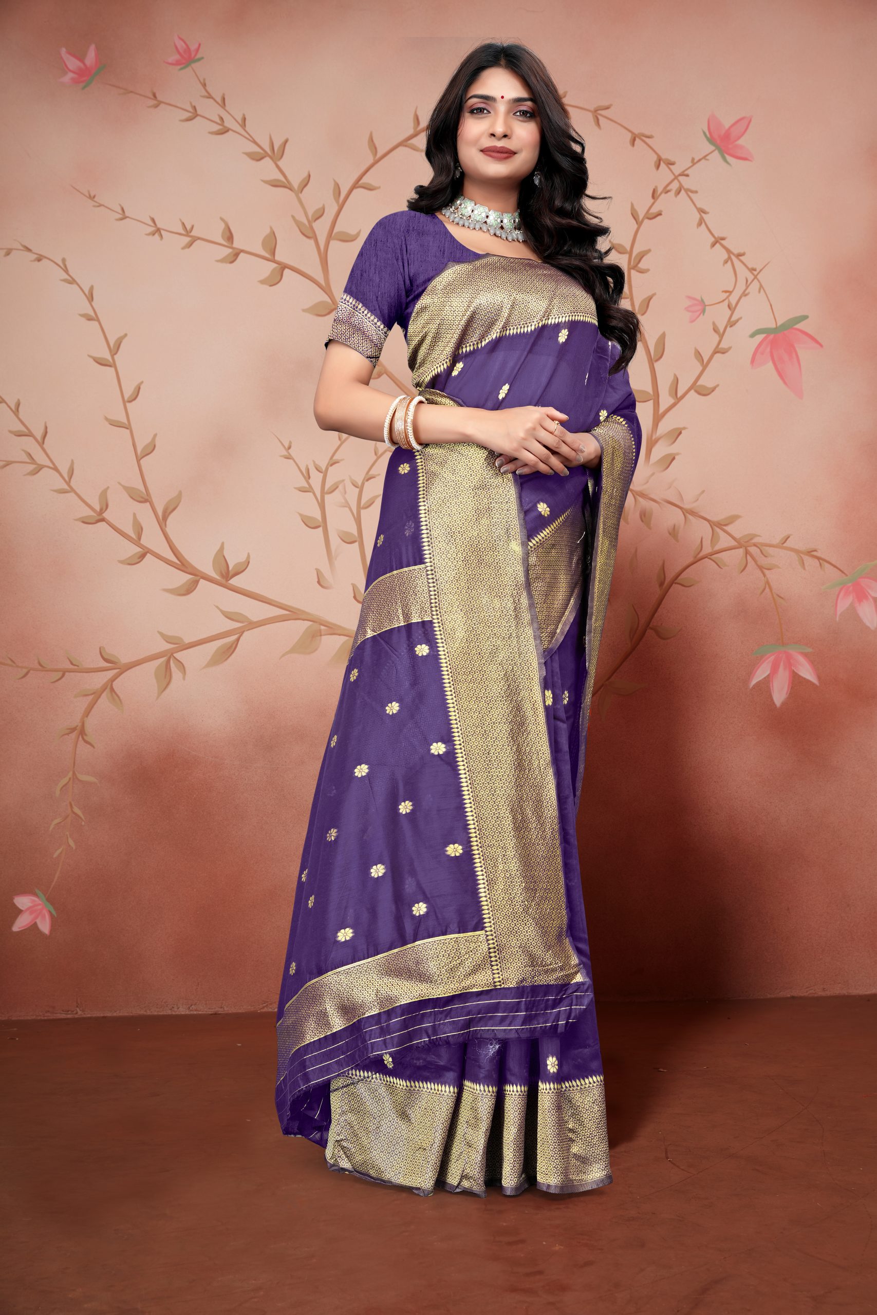 AXONIT Women's Premium Cotton Saree with Golden Zari Butti Weaving with Golden Zari Border with Unstitched Blouse Piece - Plum