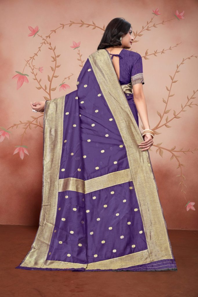 AXONIT Women's Premium Cotton Saree with Golden Zari Butti Weaving with Golden Zari Border with Unstitched Blouse Piece - Plum