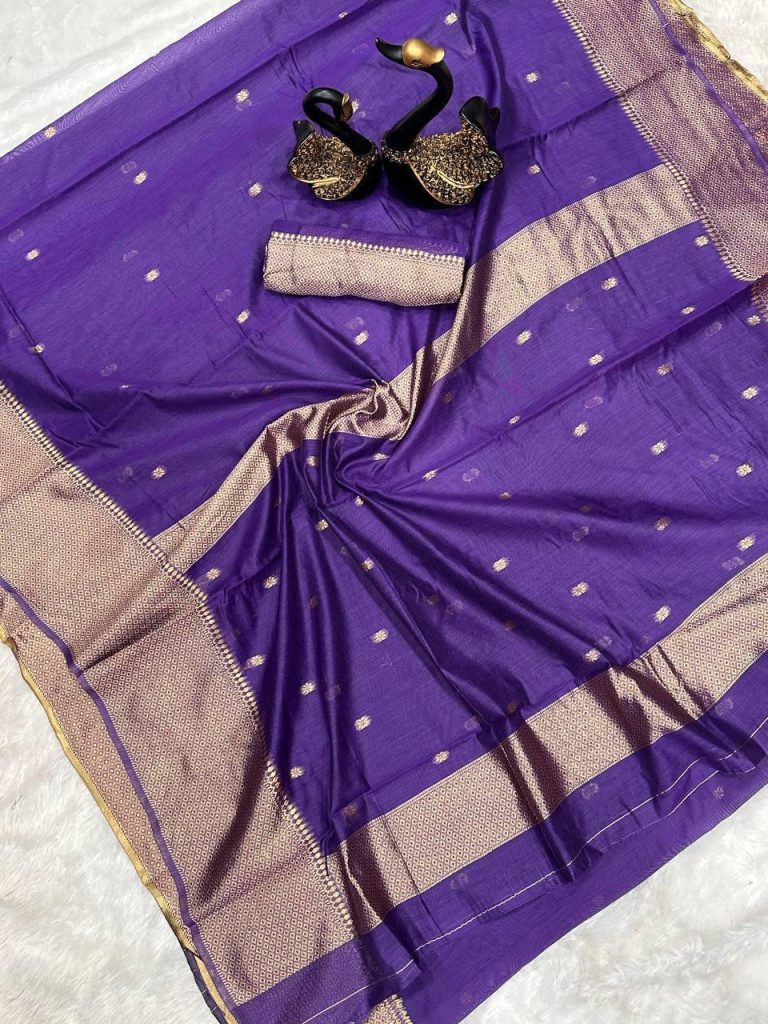 AXONIT Women's Premium Cotton Saree with Golden Zari Butti Weaving with Golden Zari Border with Unstitched Blouse Piece - Plum
